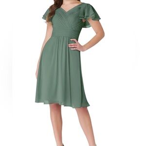 Azazie Eucalytus Green Pleated Chiffon "Hadley" Aline Knee Length Dress A20